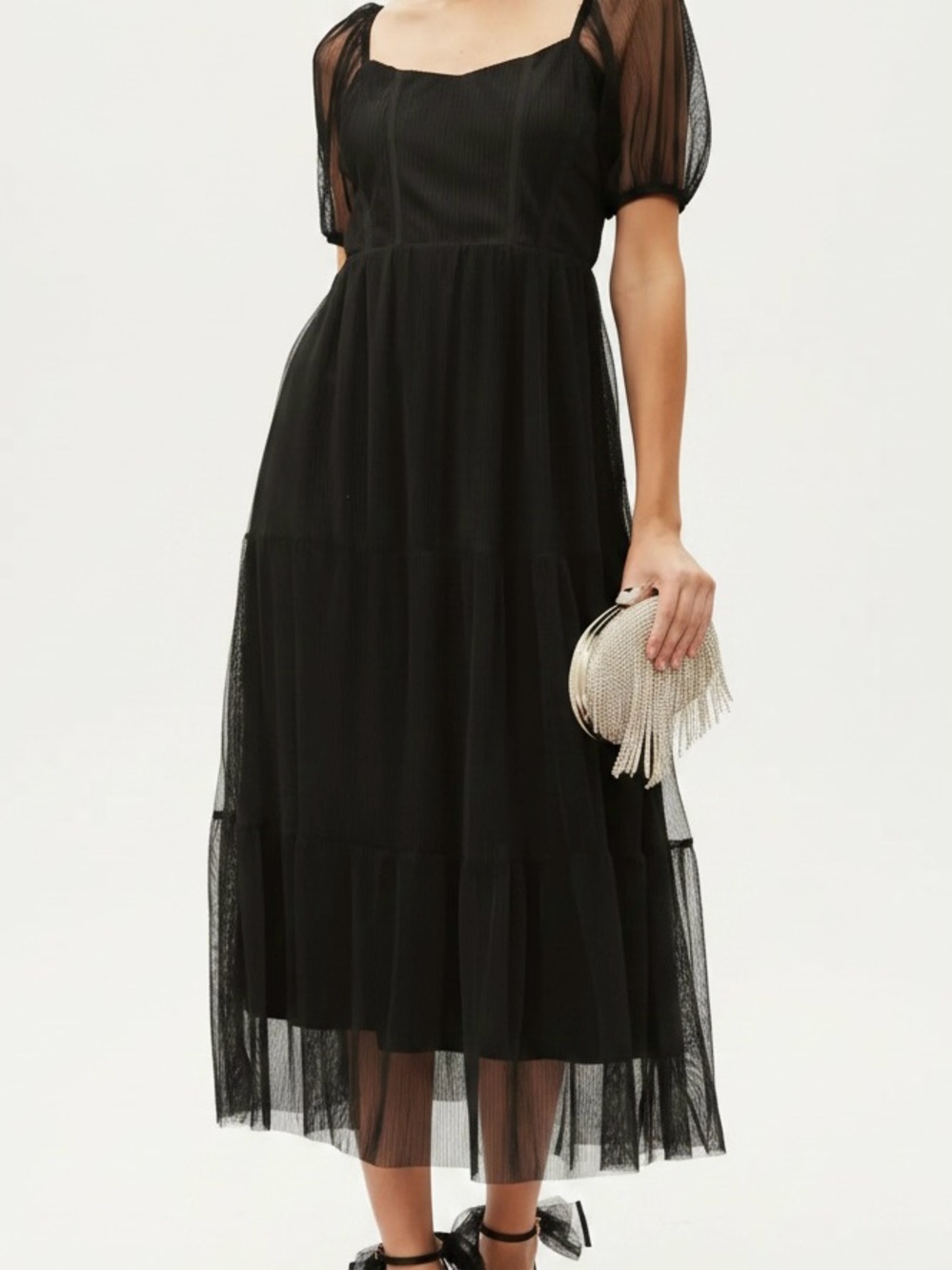 Blu Pepper Black Puff Sleeve Tiered Midi Dress